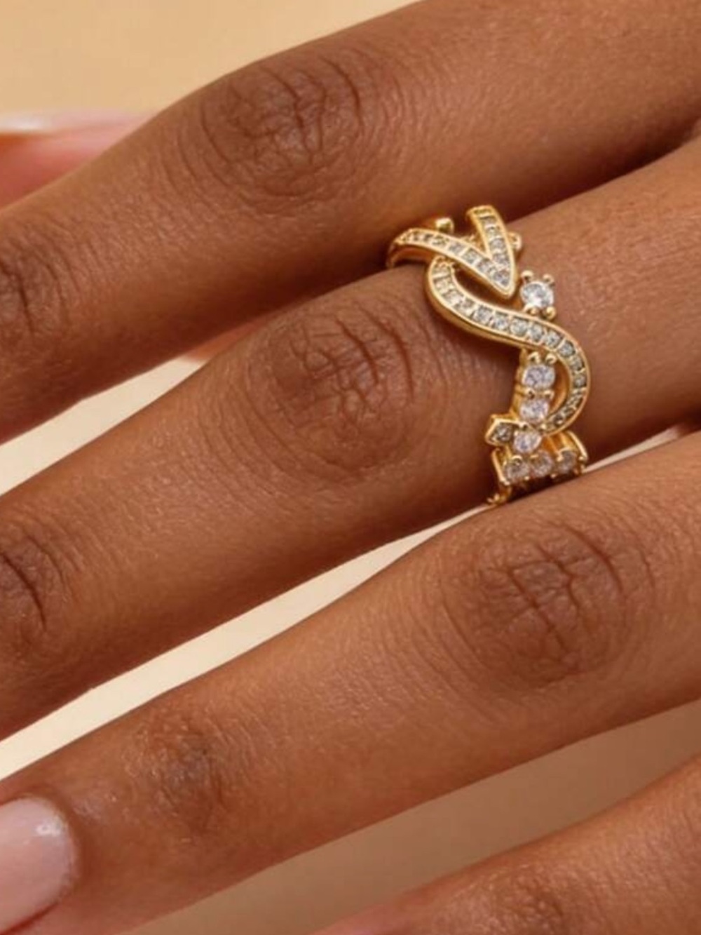 Gold Pavé Lettered Crystal Rhinestone Ring /OS - Picture 3 of 4